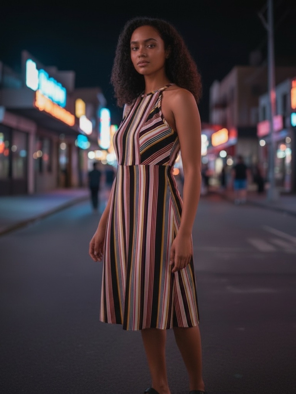 Striped halter A-Line Dress - Black Multi